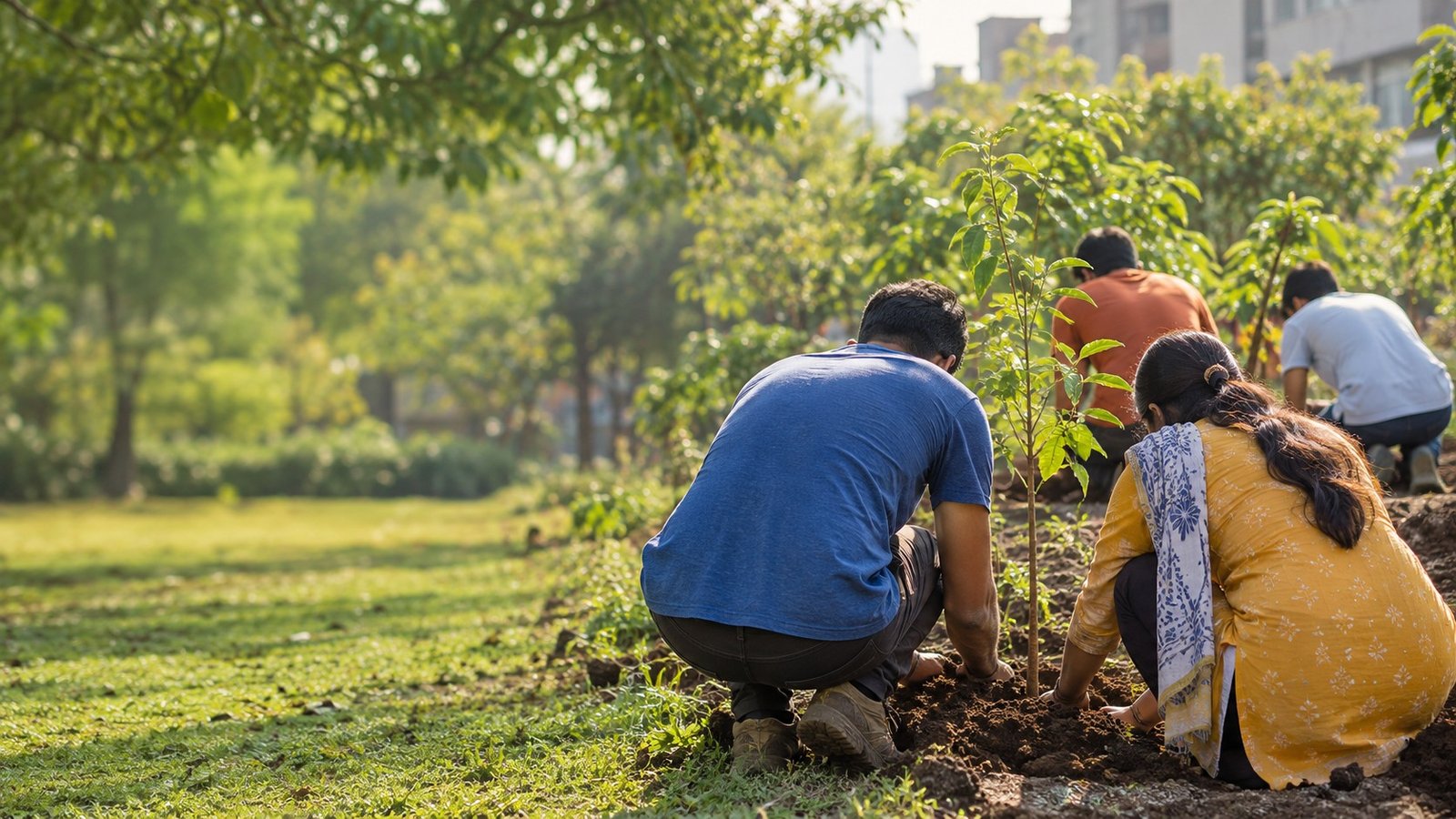 Illustration of volunteers planting a sapling, viewed from behind